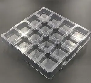 Plastic shipping tray with 2.13" square cavity.